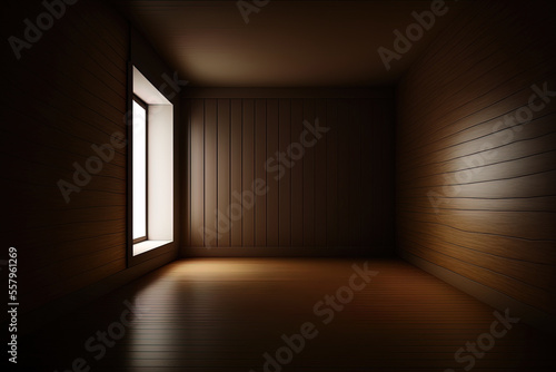 Interior of a room with a dark brown plank wall that is empty and has warm illumination hidden in it. Generative AI
