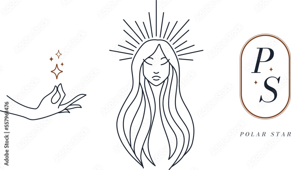 Linear minimal style logo set template with beautiful esoteric feminine siuet, hand and letters P and S. Skin care, beauty salon, organic cosmetics, prints and cards. Linear minimal style logo set template with beautiful esoteric feminine siuet, hand and letters P and S. Skin care, beauty salon, organic cosmetics, prints and cards.