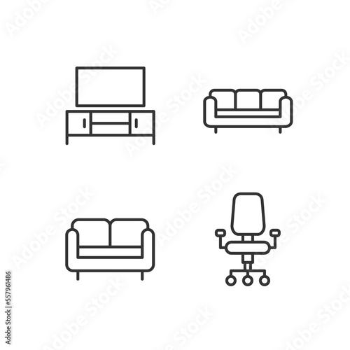 Furniture store pixel perfect linear icons set. Furnishing for living room and home office. Couch, sofa. Customizable thin line symbols. Isolated vector outline illustrations. Editable stroke