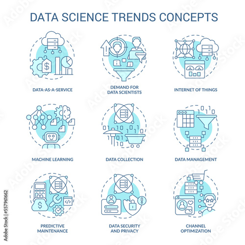 Data science trends turquoise concept icons set. Technology development analytics idea thin line color illustrations. Isolated symbols. Editable stroke. Roboto-Medium, Myriad Pro-Bold fonts used