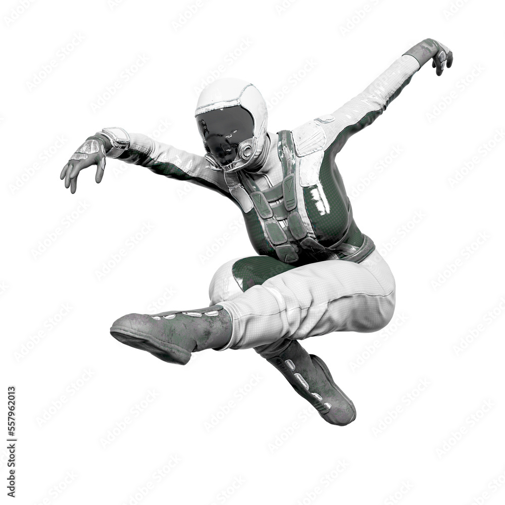 cosmonaut girl is doing a modern dance on white background