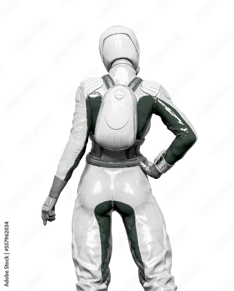 cosmonaut girl is doing a pin up pose rear view on white background cosmonaut girl is doing a pin up pose rear view on white background