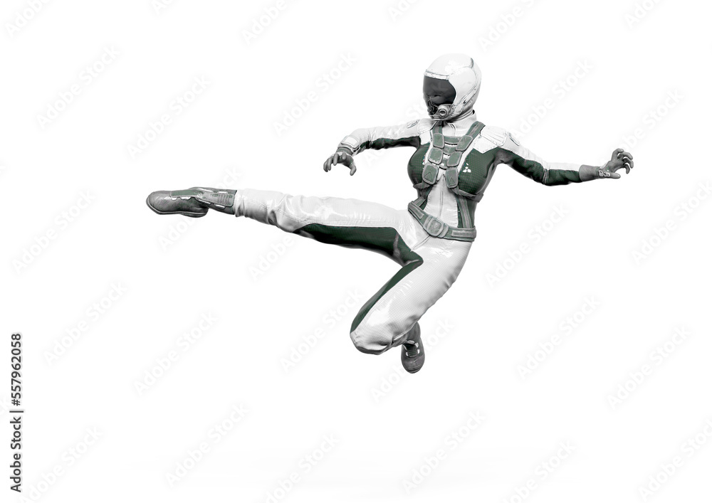 cosmonaut girl is doing a side kick on white background
