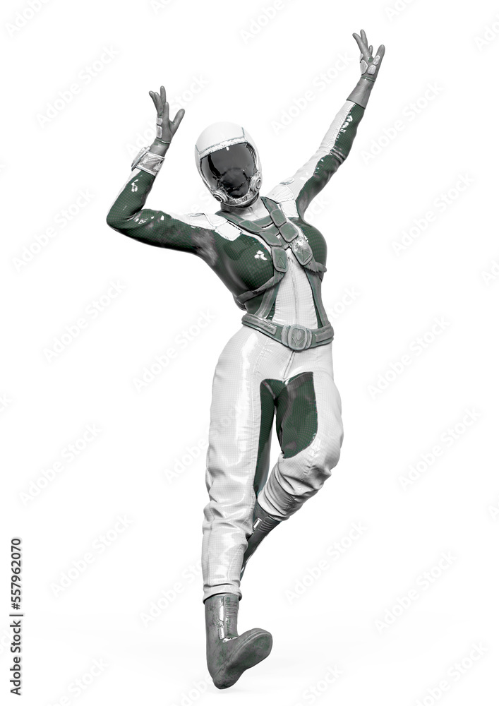 cosmonaut girl is happy and dancing on white background cosmonaut girl is happy and dancing on white background
