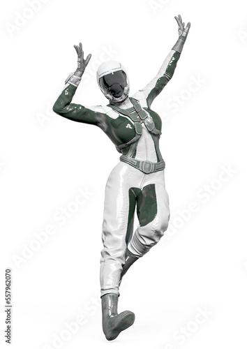 cosmonaut girl is happy and dancing on white background