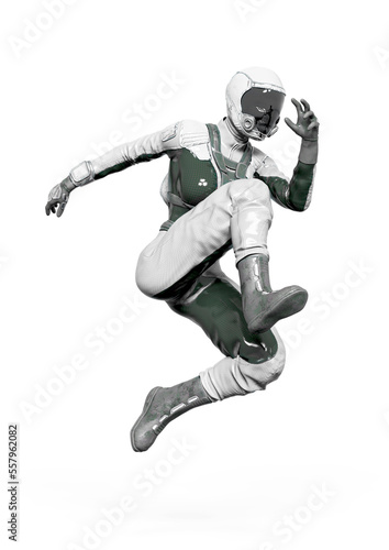 cosmonaut girl is jumping in action on white background