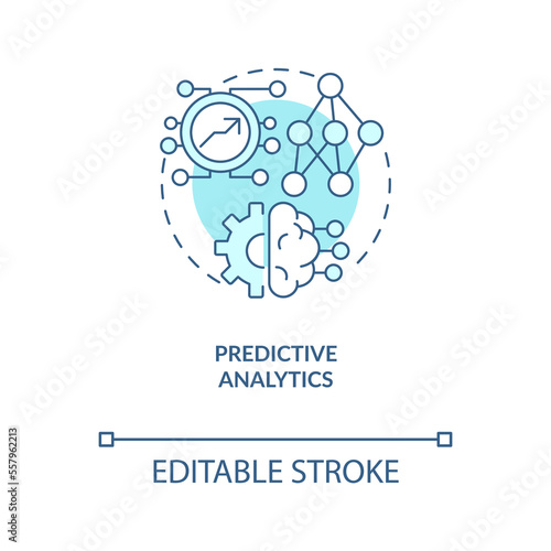 Predictive analytics turquoise concept icon. AI technology. Data science in marketing abstract idea thin line illustration. Isolated outline drawing. Editable stroke. Arial, Myriad Pro-Bold fonts used