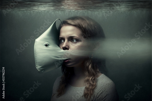 portrait of a woman who can't breathe, panic, anxiety, in the water