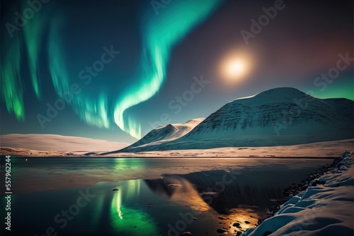 a snowy landscape with a house and a mountain in the background with a green aurora light in the sky above the snow covered mountains and a full moon in the sky above the horizon.