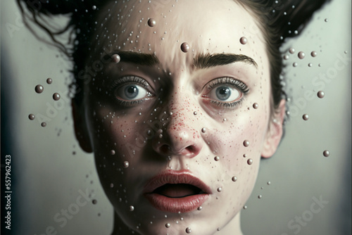 a close up of a woman with water droplets on her face, anxious. , with anxious piercing eyes