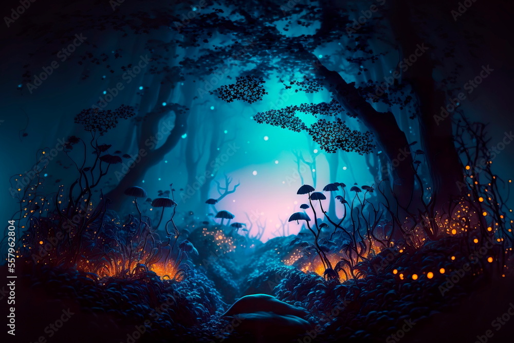 Night magical fantasy forest. Forest landscape , Generative AI