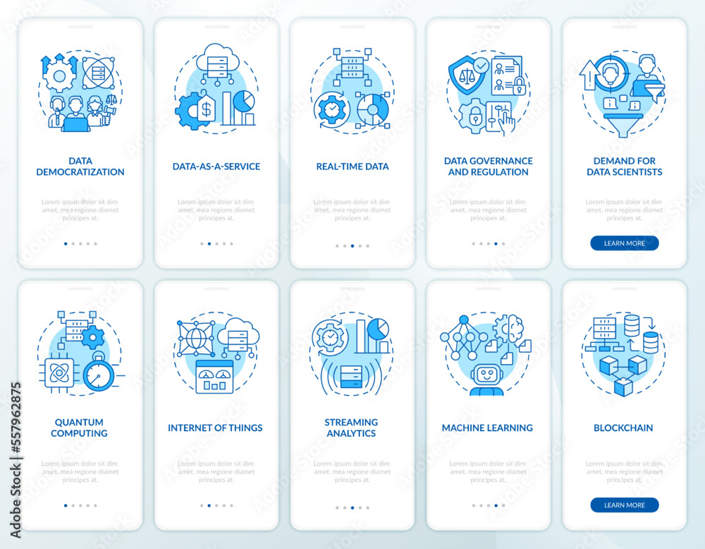 Data science technology trends blue onboarding mobile app screens set. Walkthrough 5 steps editable graphic instructions with linear concepts. UI, UX, GUI template. Myriad Pro-Bold, Regular fonts used