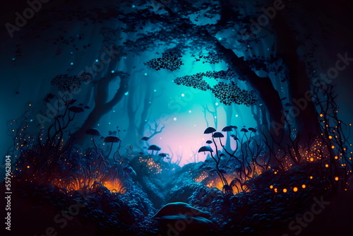 Night magical fantasy forest. Forest landscape , Generative AI