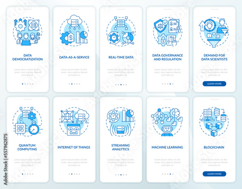 Data science technology trends blue onboarding mobile app screens set. Walkthrough 5 steps editable graphic instructions with linear concepts. UI, UX, GUI template. Myriad Pro-Bold, Regular fonts used