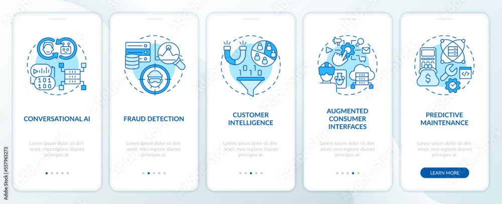 AI and data science in business blue onboarding mobile app screen. Walkthrough 5 steps editable graphic instructions with linear concepts. UI, UX, GUI template. Myriad Pro-Bold, Regular fonts used