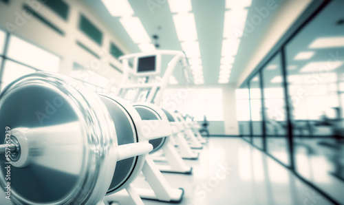 Modern gym. Blurred photo of a Sports equipment in gym. Modern Gym Room Fitness Center With Equipment And Machines 