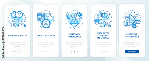AI and data science in business blue onboarding mobile app screen. Walkthrough 5 steps editable graphic instructions with linear concepts. UI, UX, GUI template. Myriad Pro-Bold, Regular fonts used