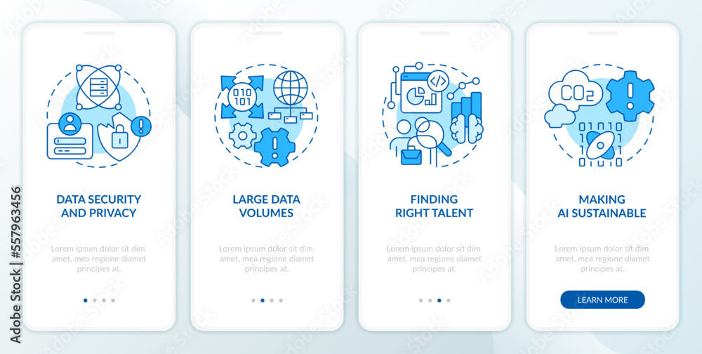 Data science challenges blue onboarding mobile app screen. Development walkthrough 4 steps editable graphic instructions with linear concepts. UI, UX, GUI template. Myriad Pro-Bold, Regular fonts used