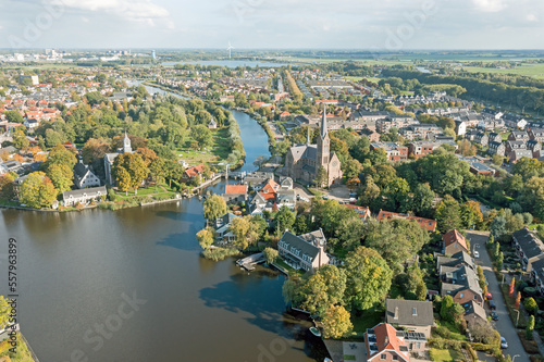 Aerial from the traditional city Oudekerk aan de Amstel in the Netherlands