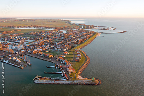 Aerial from the harbor and city Stavoren at the IJsselmeer in the Netherlands photo