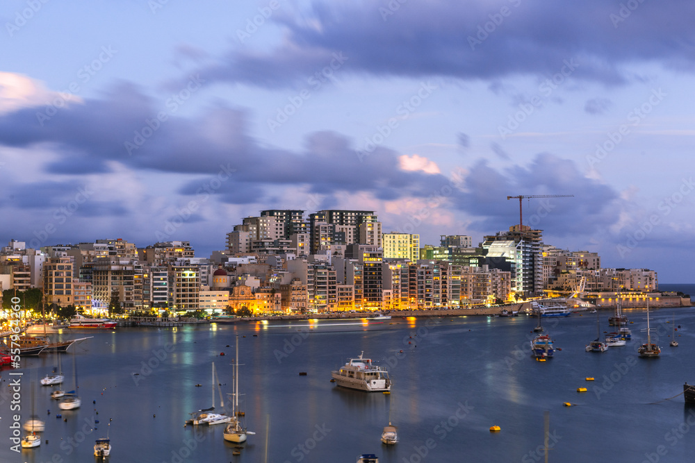Night cityscape of Sliema Bay in Malta