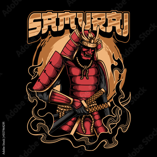 Japanese samurai warrior was holding a sword with a combination of red and gold vector illustration