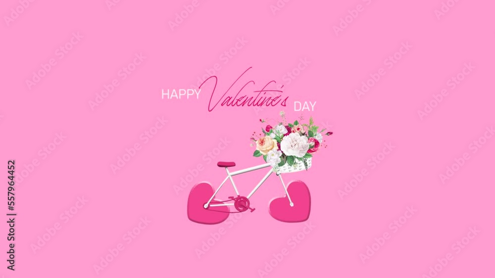 A white bicycle with spining wheels in the form of hearts rides on.Boquet of flowers Motion graphics loop Valentines day on a pink background in 4K Space for text.Romantic looped animation on for Vale A white bicycle with spining wheels in the form of hearts rides on.Boquet of flowers Motion graphics loop Valentines day on a pink background in 4K Space for text.Romantic looped animation on for Vale
