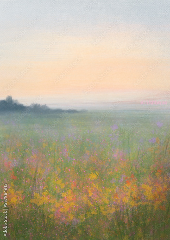 landscape painting — field at dawn
