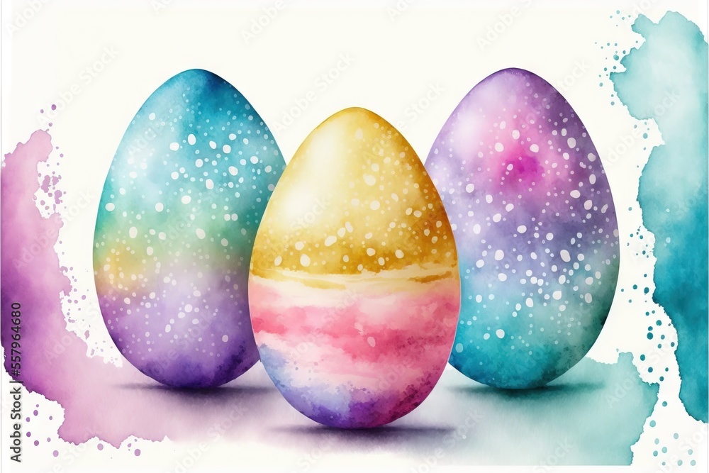 three painted eggs sitting in a row on a white background with a blue and pink spot in the middle of the egg is a pink. three painted eggs sitting in a row on a white background with a blue and pink spot in the middle of the egg is a pink.