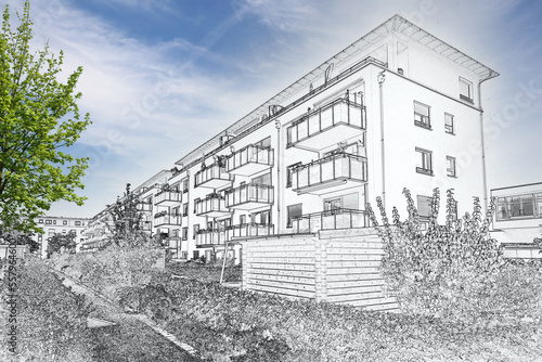 Drawing sketch of a residential area with modern apartment buildings, new green urban landscape in the city
