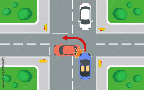 Car accident four-way road always follow traffic rules Traffic offences concept.