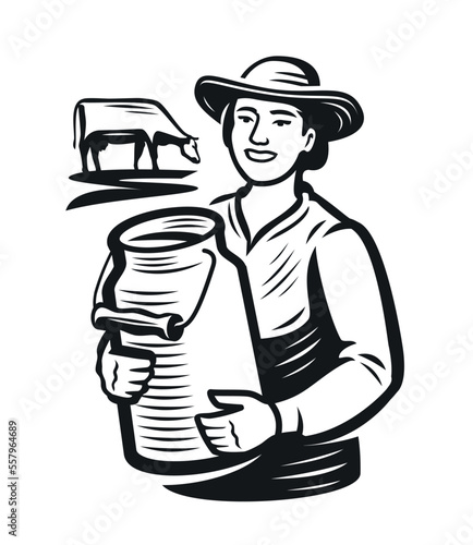 Farmer milkmaid with milk can, emblem. Dairy farm, dairymaid badge. Healthy organic natural food. Vector illustration