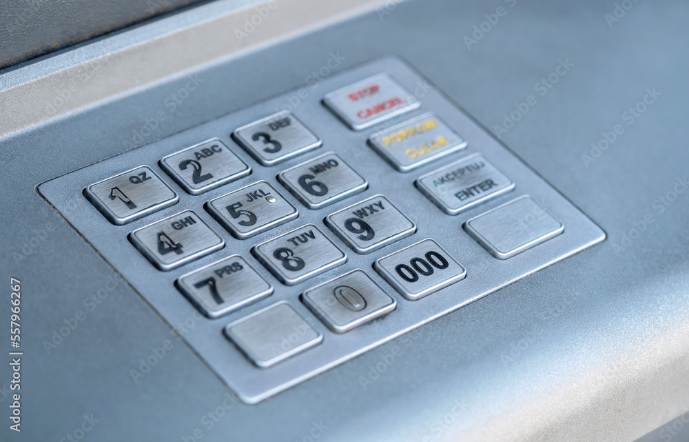 Modern worn heavily used ATM keypad keyboard object detail, extreme closeup, nobody. Number keys up close, no people. Money withdrawal, financial crisis, inflation and recession abstract concept Modern worn heavily used ATM keypad keyboard object detail, extreme closeup, nobody. Number keys up close, no people. Money withdrawal, financial crisis, inflation and recession abstract concept