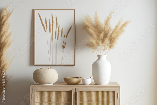 Minimalist Japandi style interior wall mockup on a warm white background with a light biege wooden console, dried pampas grass, and a wicker basket lamp. Detailed view,. Generative AI photo