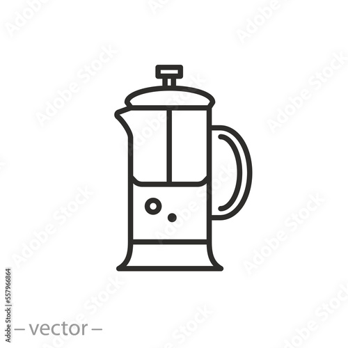 french press icon, tea or coffee brewing, hot drink making, glass teapot, thin line symbol on white background - editable stroke vector illustration