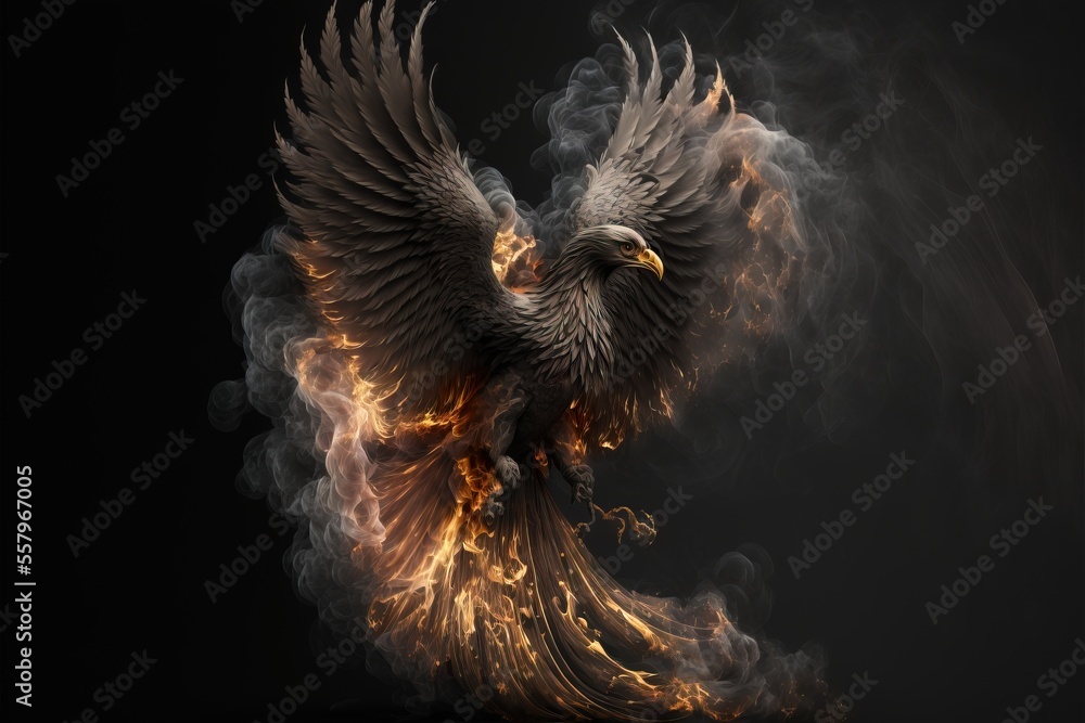 a large bird with a lot of fire and smoke around it's wings and wings spread