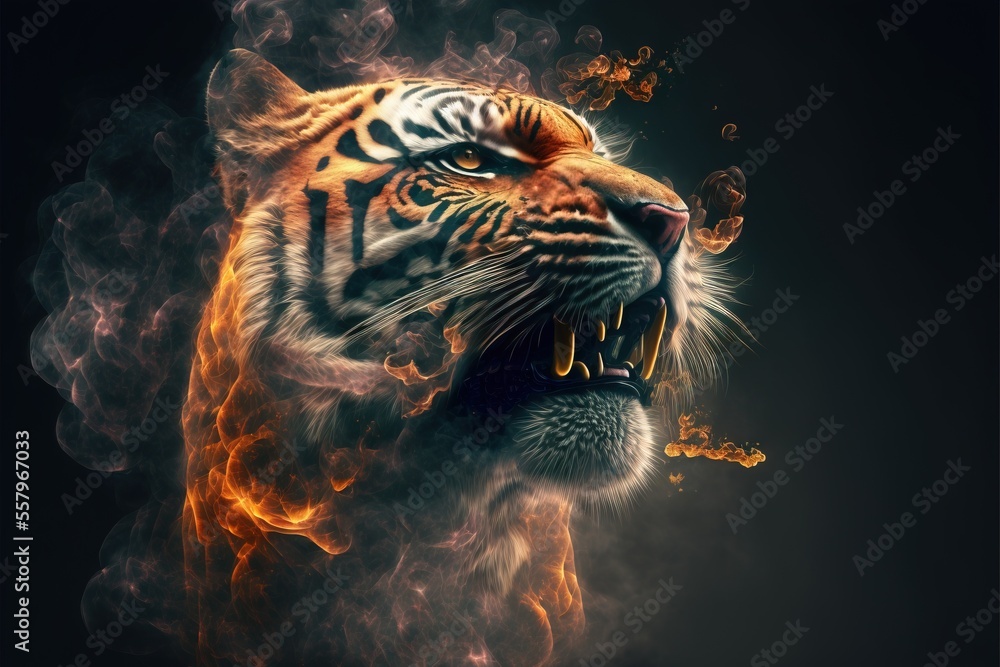 a tiger with its mouth open and it&rsquo;s mouth wide open, with flames