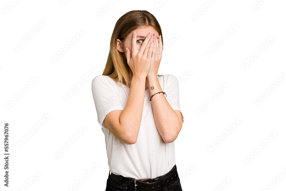Young caucasian woman isolated blink through fingers frightened and nervous. Young caucasian woman isolated blink through fingers frightened and nervous.