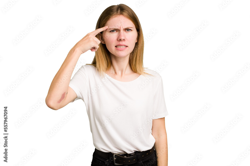 Young caucasian woman isolated showing a disappointment gesture with forefinger. Young caucasian woman isolated showing a disappointment gesture with forefinger.