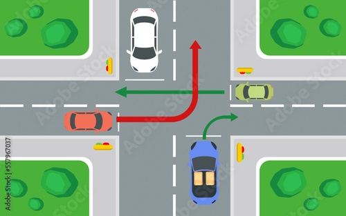 Safety car driving rules and tips Turn rules on four-way intersection, always follow traffic rules concept vector illustration.