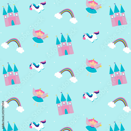pattern with faerie, unicorn and rainbow