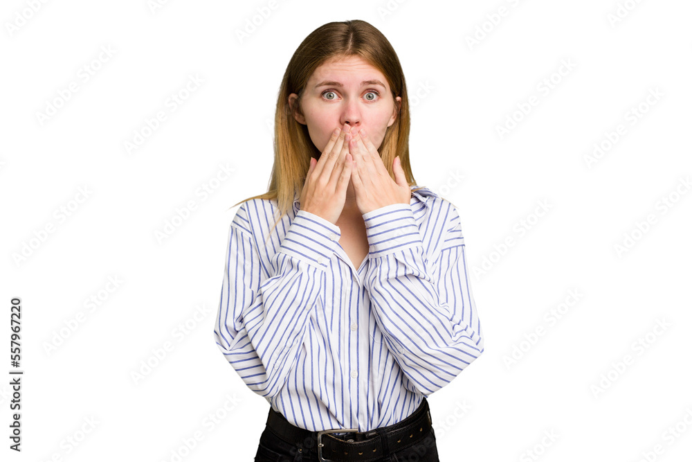 Young caucasian woman isolated shocked, covering mouth with hands, anxious to discover something new. Young caucasian woman isolated shocked, covering mouth with hands, anxious to discover something new.