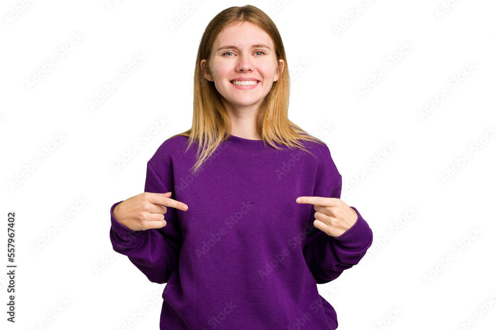 Young caucasian woman isolated points down with fingers, positive feeling. Young caucasian woman isolated points down with fingers, positive feeling.
