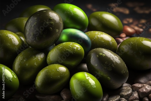 a pile of green and black olives with water droplets on them and nuts in the background with a black background.