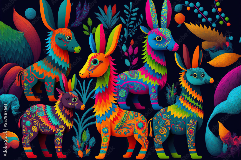 Traditional mexican painting, cultural heritage, imaginary animals alebrijes illustration, very colorful pattern - obrazy, fototapety, plakaty 