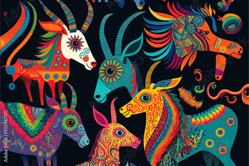 Traditional mexican painting, cultural heritage, imaginary animals alebrijes illustration, very colorful pattern photo