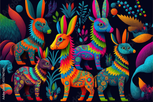 Traditional mexican painting  cultural heritage  imaginary animals alebrijes illustration  very colorful pattern