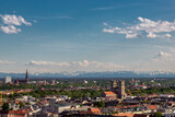 Aerial view of the city of Munich and in the background the Bavarian Alps in Germany