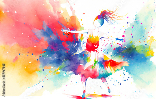 beautiful girl dancing, watercolor explosion of colors, AI generated