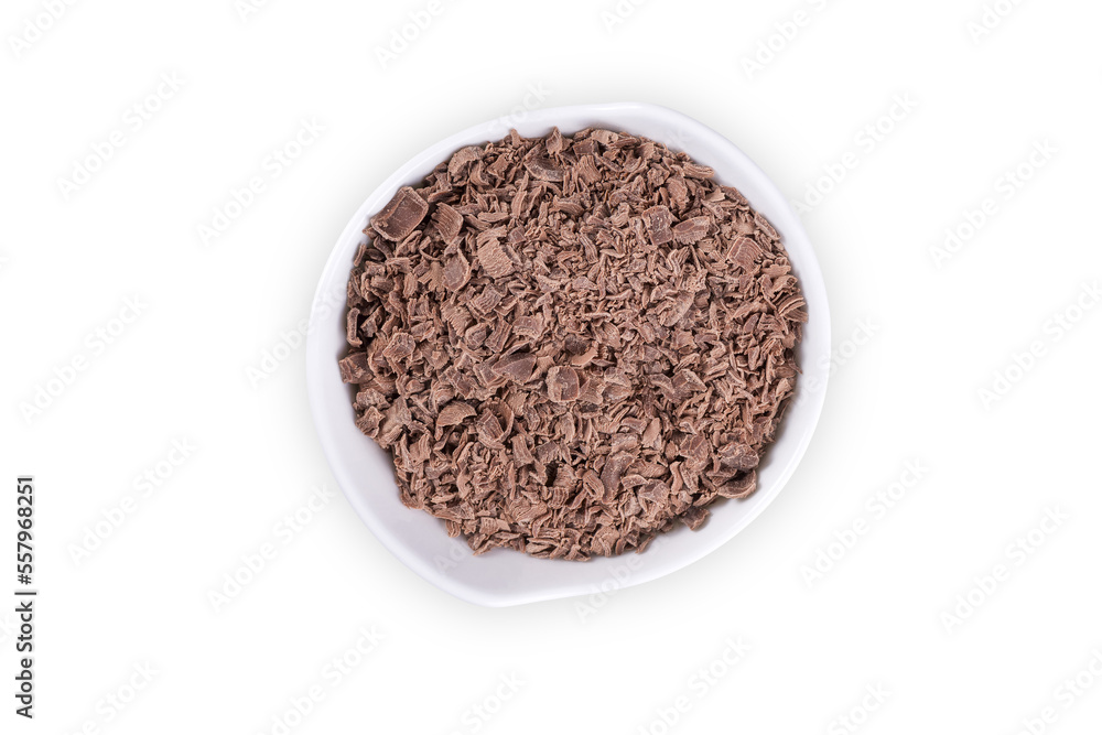 chocolate pieces on white background, top view chocolate pieces on white background, top view